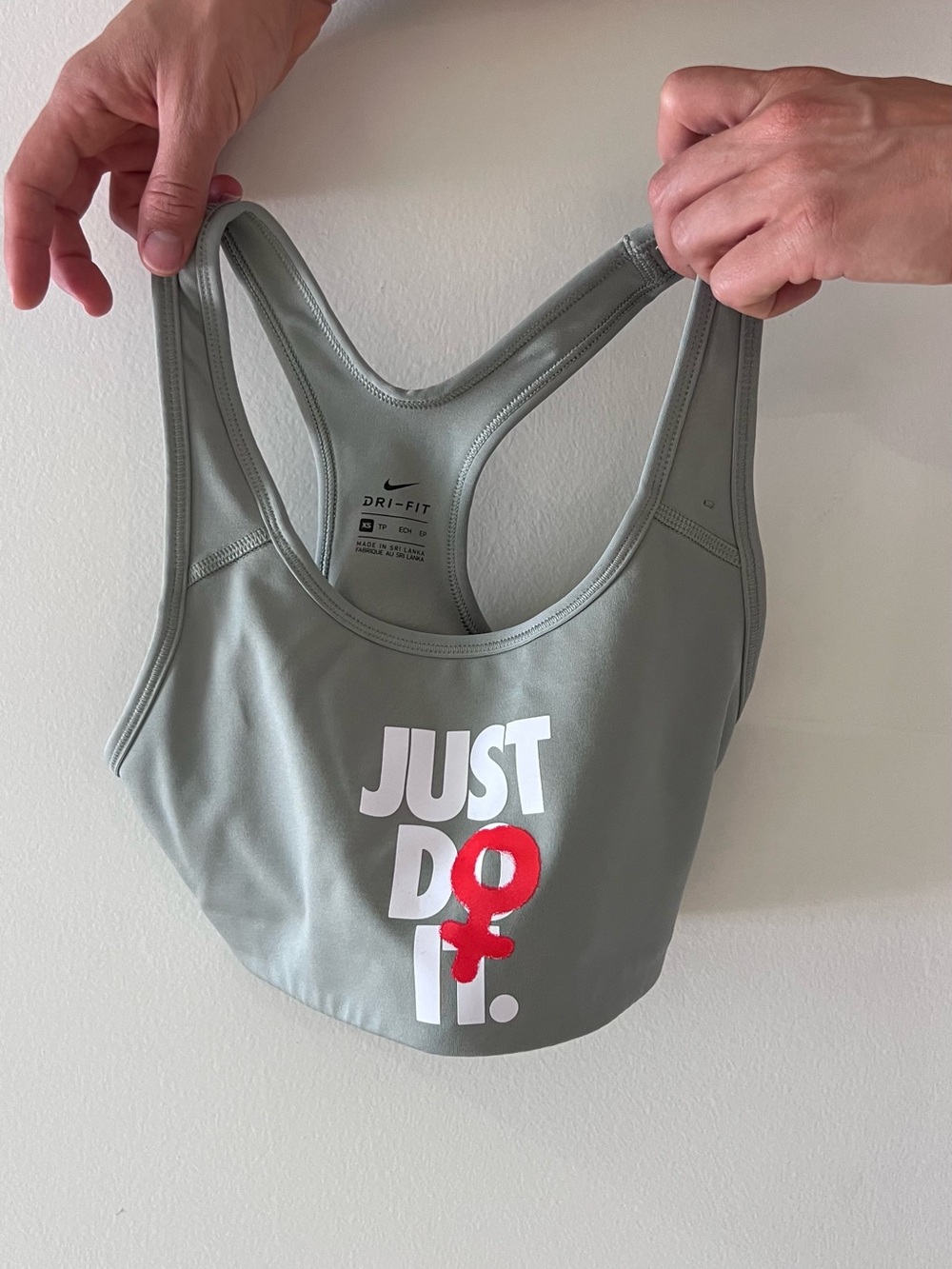 Nike Sage Gray Dri-FIT Racerback Sports Bra with White & Red Logo